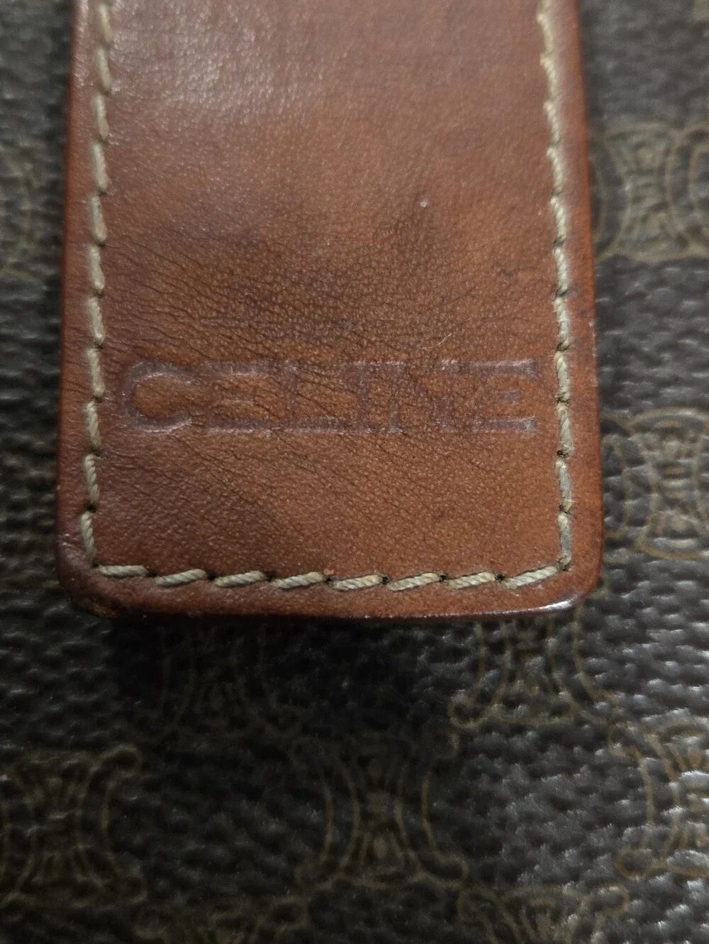 Celine Brown Patterned Leather Phone Case with Tan Strap